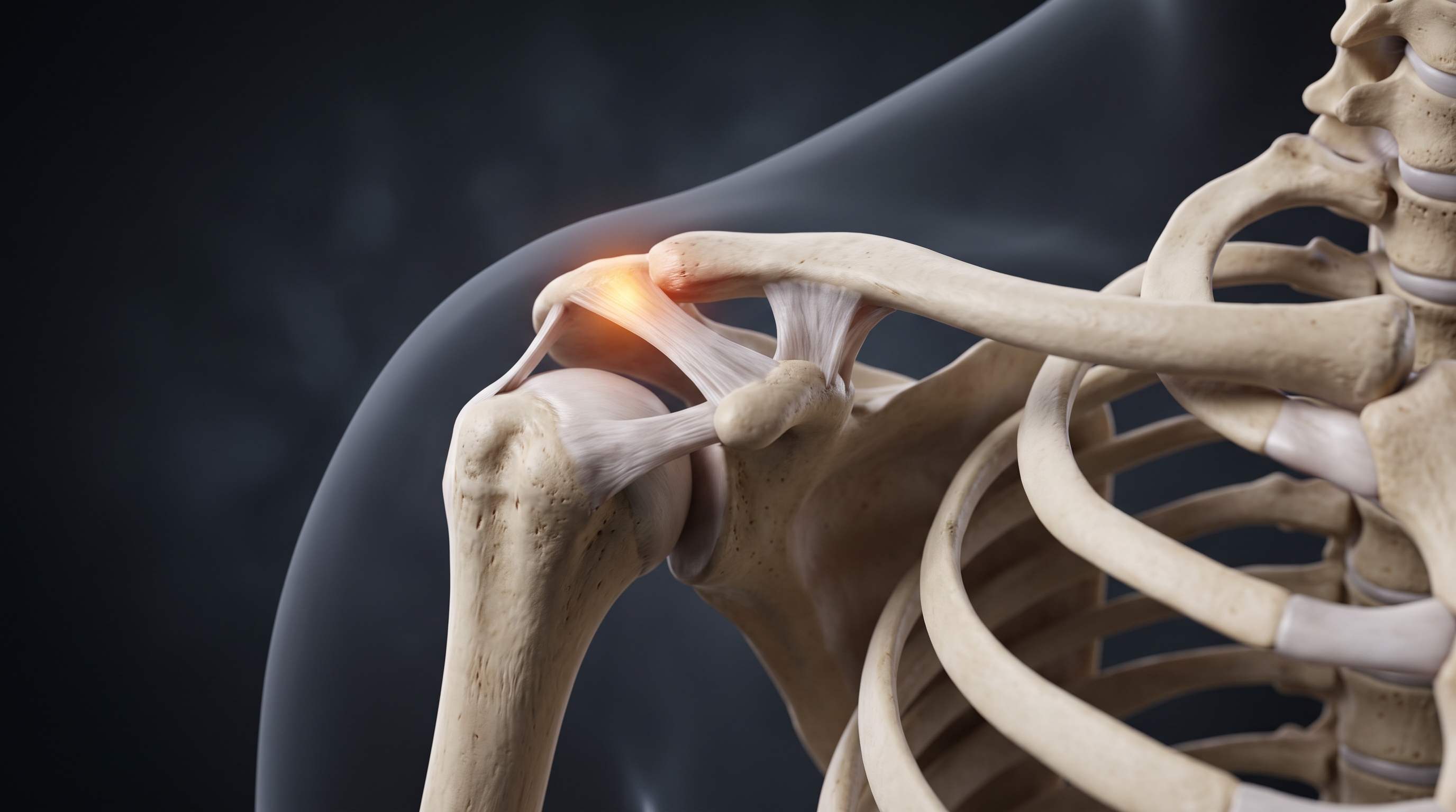 3D anatomical illustration of human shoulder showing strain and joint compression at the acromioclavicular joint (AC joint)