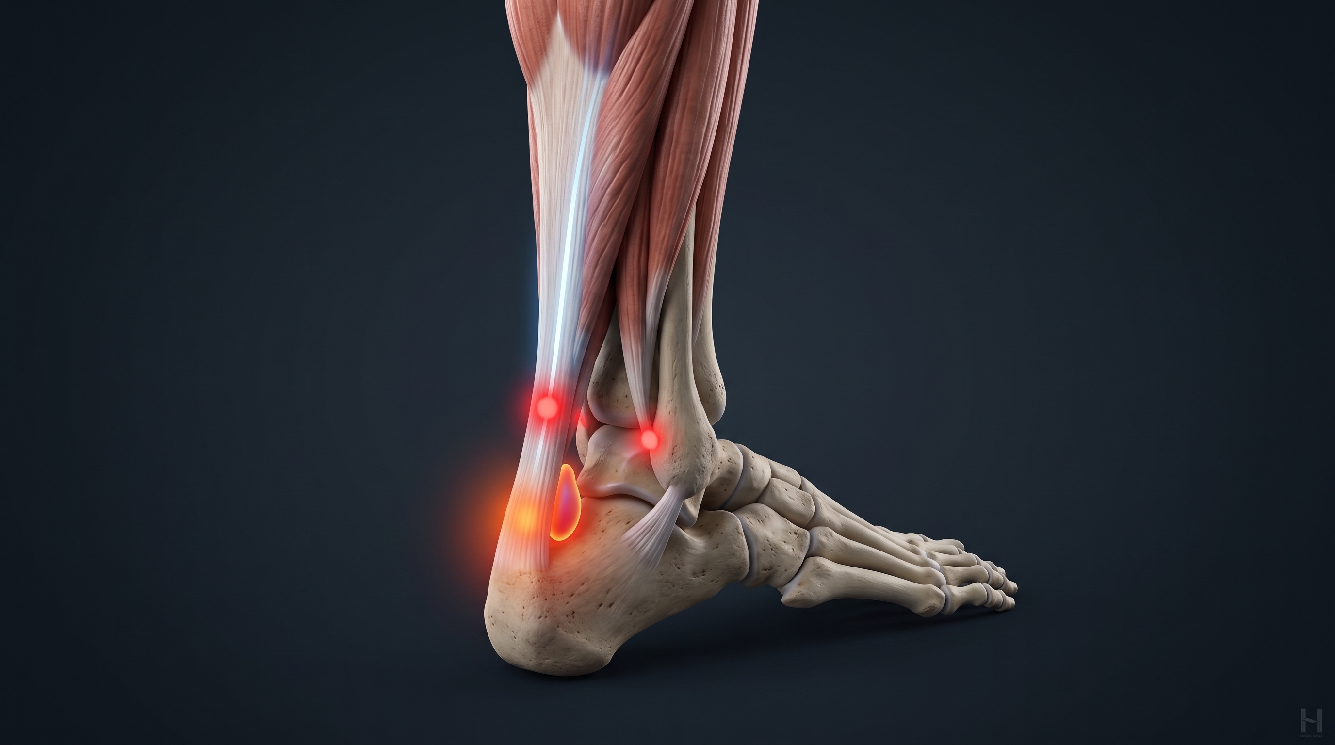 3D anatomical model highlighting inflammation and tension at the Achilles tendon and retrocalcaneal bursa near the heel bone