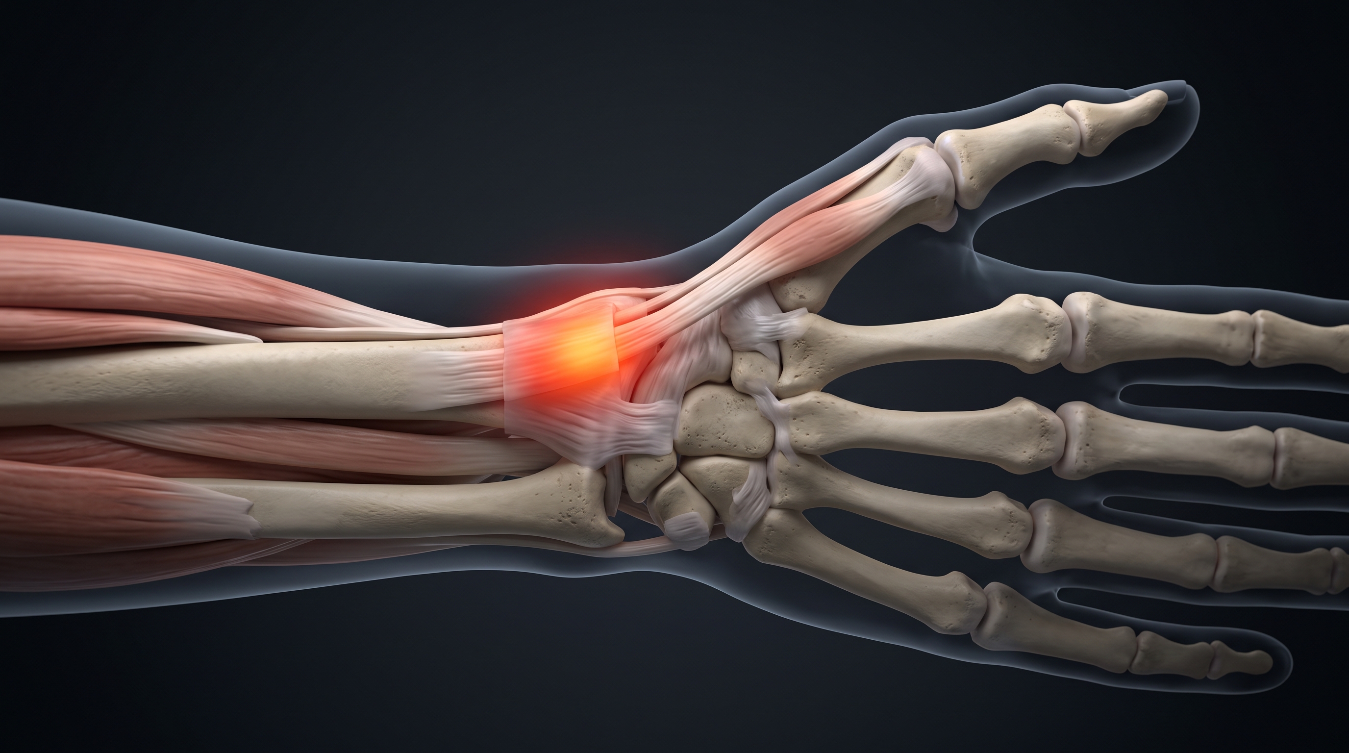 3D medical illustration of the human wrist and thumb showing inflammation and tension in the extensor pollicis brevis and abductor pollicis longus tendon sheath