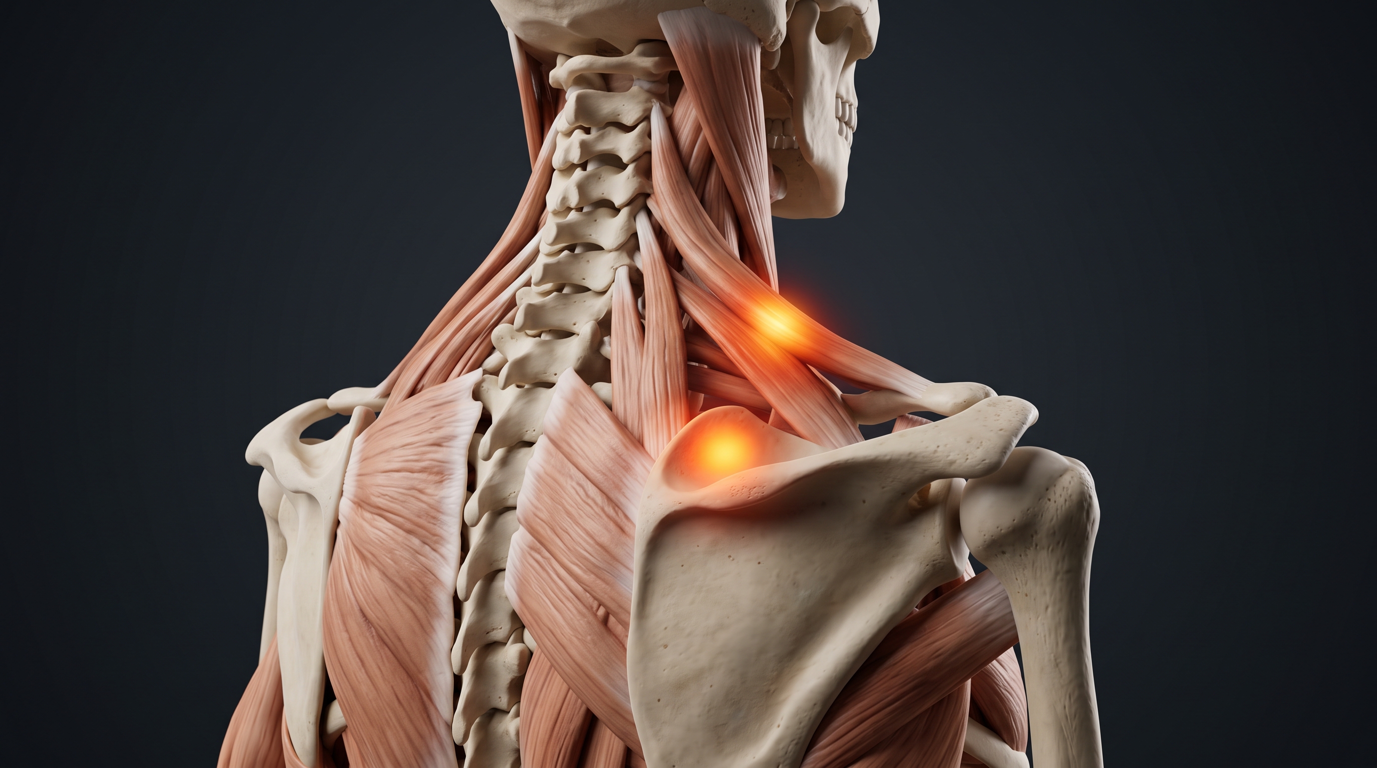 3D anatomical illustration of human neck, cervical spine, and upper trapezius showing postural strain and tension points from prolonged desk work