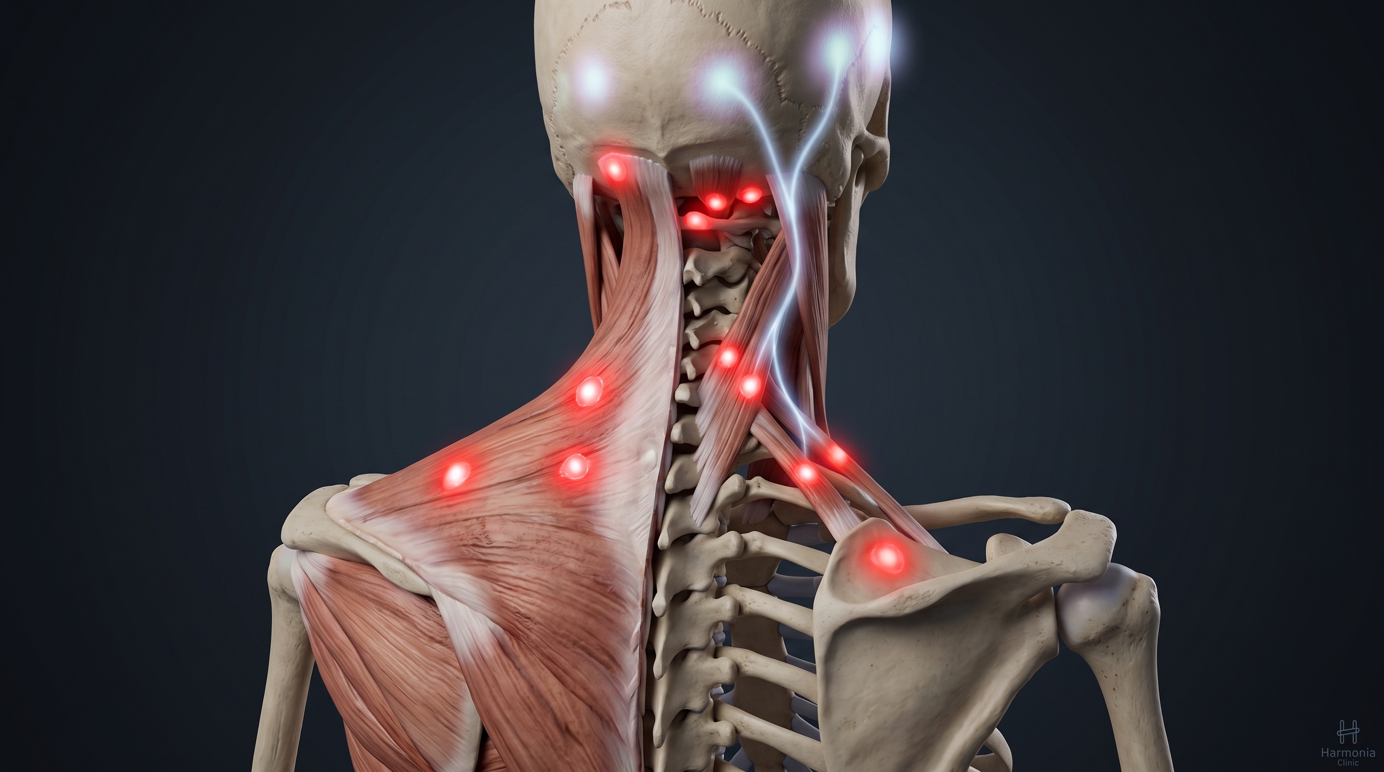 3D anatomical illustration showing muscle tension points in the neck, trapezius, and suboccipital region linked to tension headaches