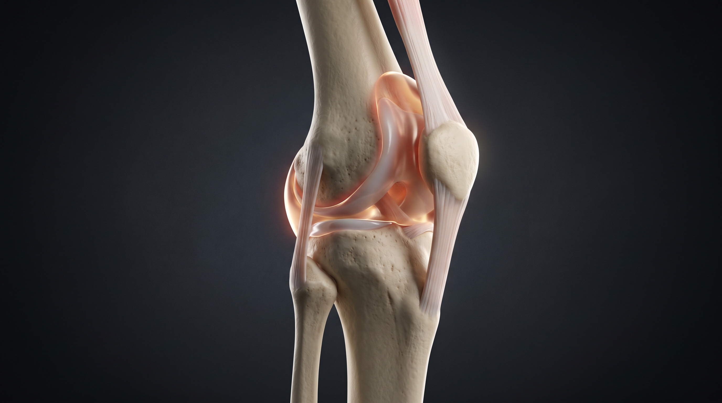 3D medical illustration of the human knee joint showing joint effusion and fluid accumulation in the suprapatellar bursa