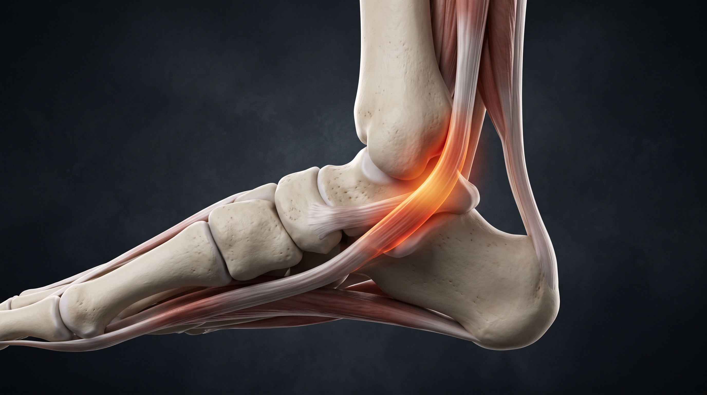 3D medical illustration of the inner ankle highlighting tension and inflammation along the tibialis posterior tendon behind the medial malleolus